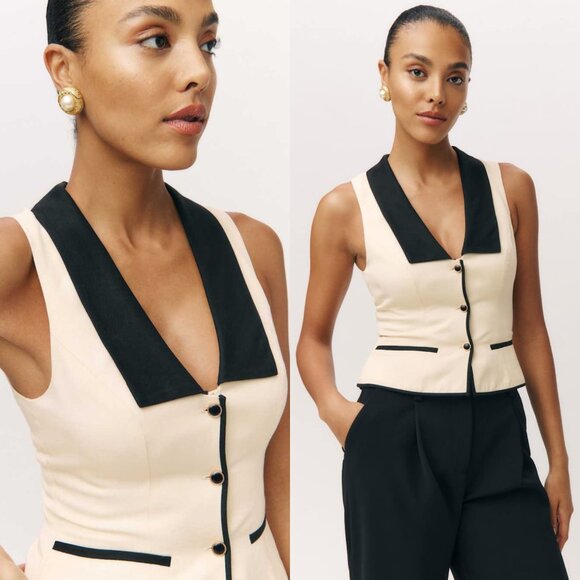 Reformation Reba Waist Tie Vest Top Black Cream Size 6 | Minimalist Elegant - Picture 1 of 10